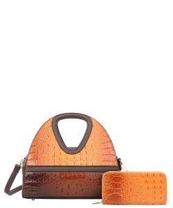 Fashion Faux Leather Croc Tote Bag + Wallet CY-8562W BROWN